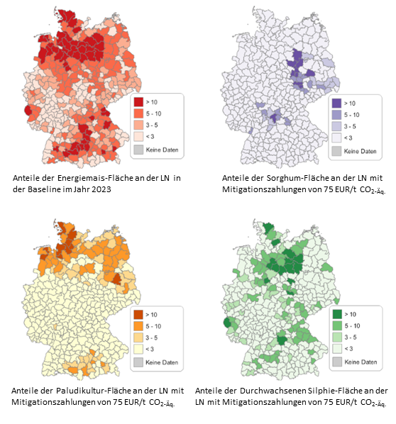 Vier Karten zur regionalen Verteilungen des Energiemais in der Baseline