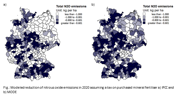 Map of modeled reduction of nitrous oxidene emmisions in 2020